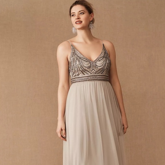 Anthropologie BHLDN Vilette Embellished Maxi Dress Silver Fog - Picture 4 of 13